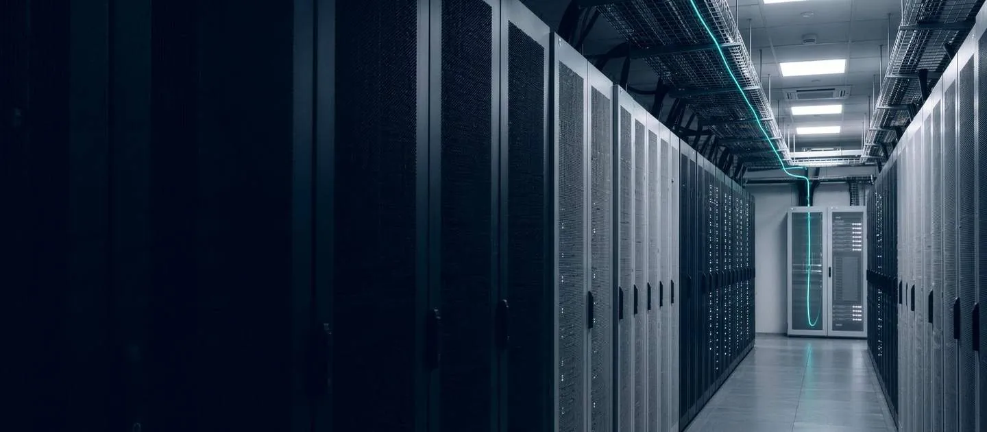 Pasillo de un centro de datos con una señal que recorre los gabinetes
