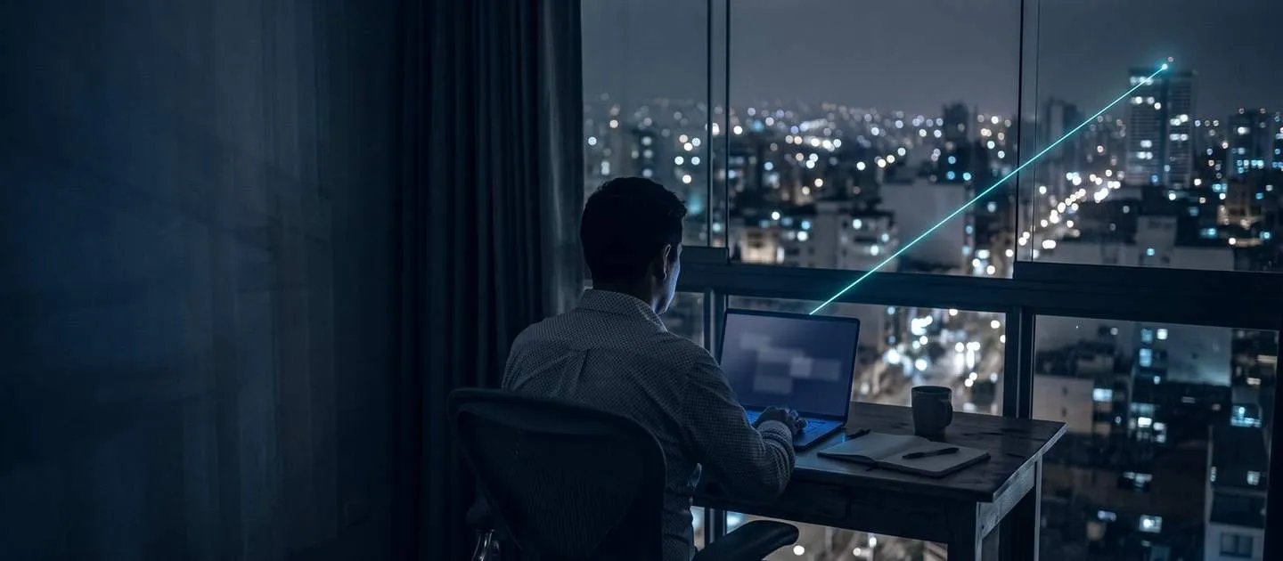 Persona trabaja de noche en un portátil frente a la ciudad iluminada